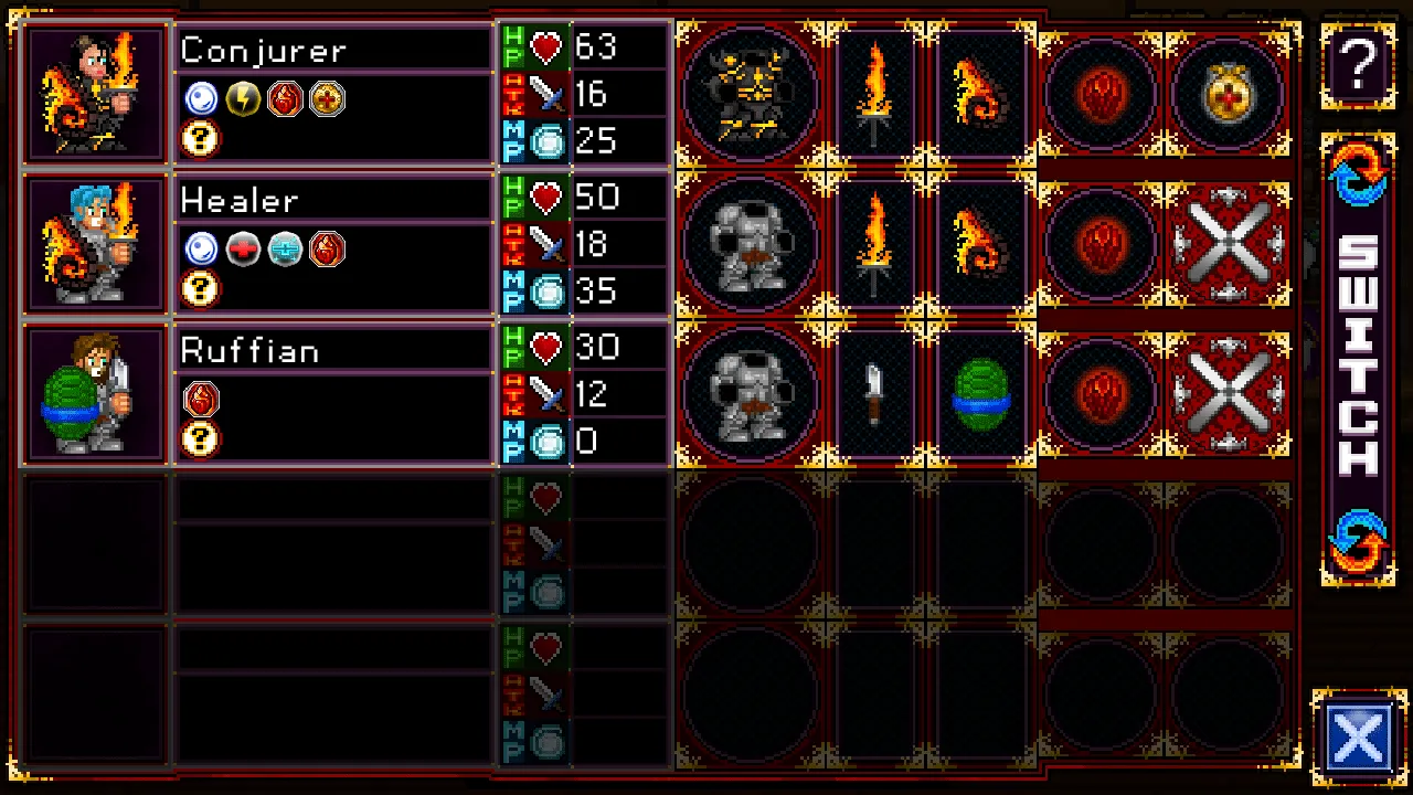 Soda Dungeon party management screen screenshot
