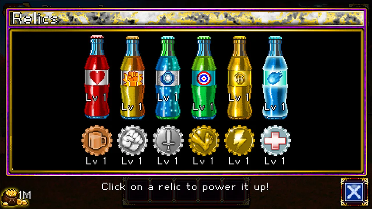 Soda Dungeon relics soda upgrade screen screenshot